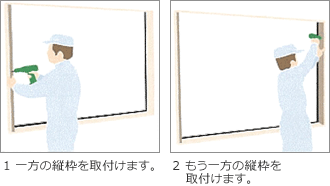 1一方の縦枠を取付けます。2もう一方の縦枠を取付けます。